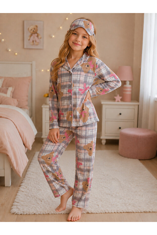 Girls Cotton Soft Button-Down Sleep Band Long-Sleeved Pajama Set