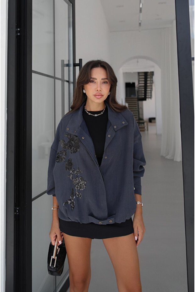 Navy Blue Embroidered Bomber Jacket