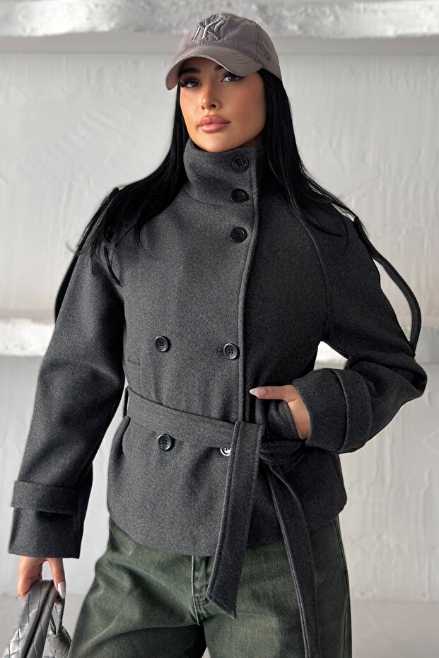 بارانی زنانه فوتر یقه ایستاده کمربنددار moda armanc