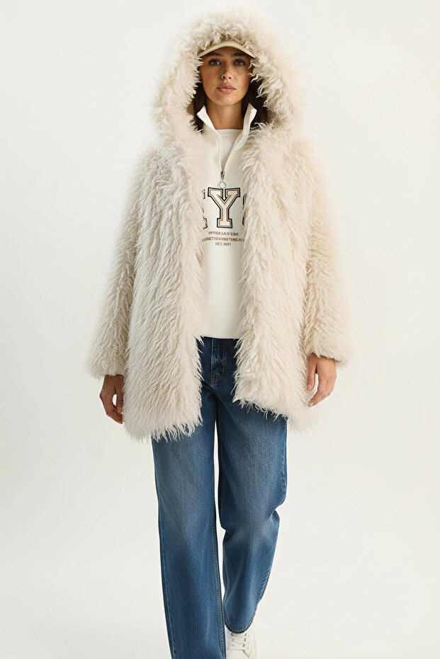 Women's Double Button Detailed Hooded Lined Tibetan Bone Coat