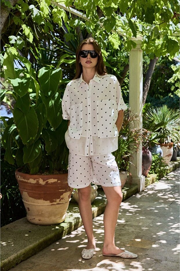White Polka Dot Shirt Shorts Set - 51437