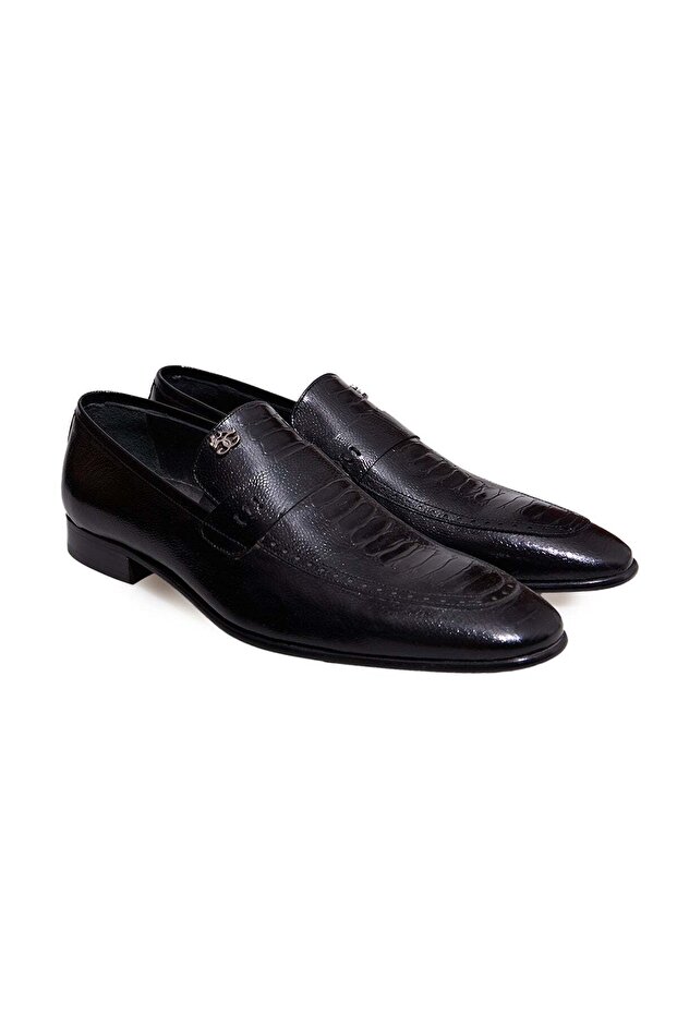 Black Color Laceless Genuine Leather Men's Shoes