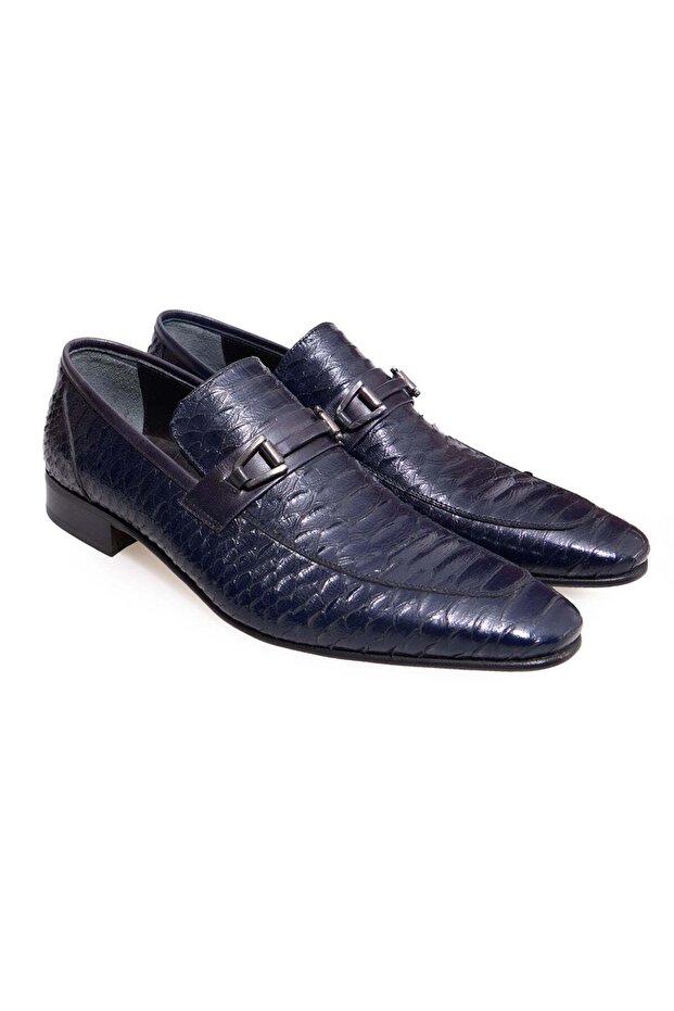 Dark Blue Color Laceless Genuine Leather Leather Sole Men's Shoes
