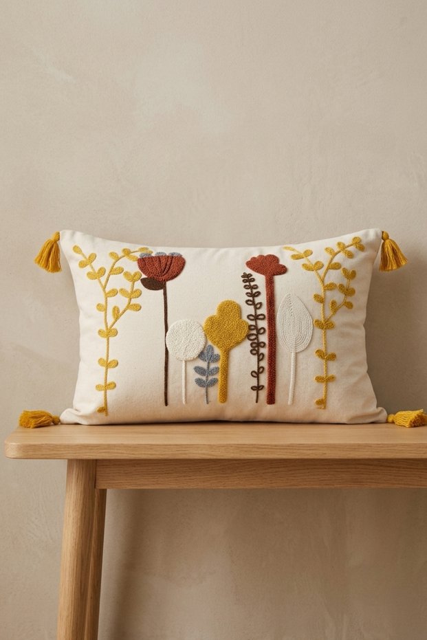 Colorful Botanical Cactus Motif Embossed Punch Embroidered Tasseled Cotton Throw Pillow Cover 35X55 cm