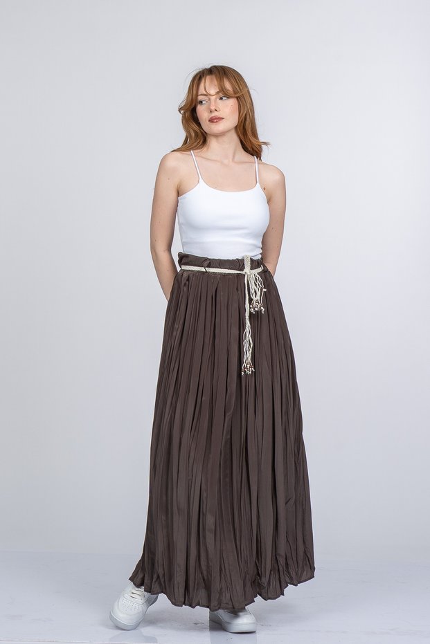Women's Summer Coffee Color Nerisse Long Pleated Skirt with Elastic Waist Lined Straw Belt Detail Comfortable Summer Wear 6890