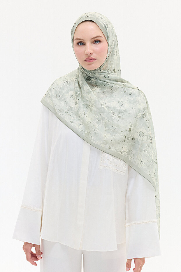 Crispy Floral Pattern Soft Cotton Shawl - Green