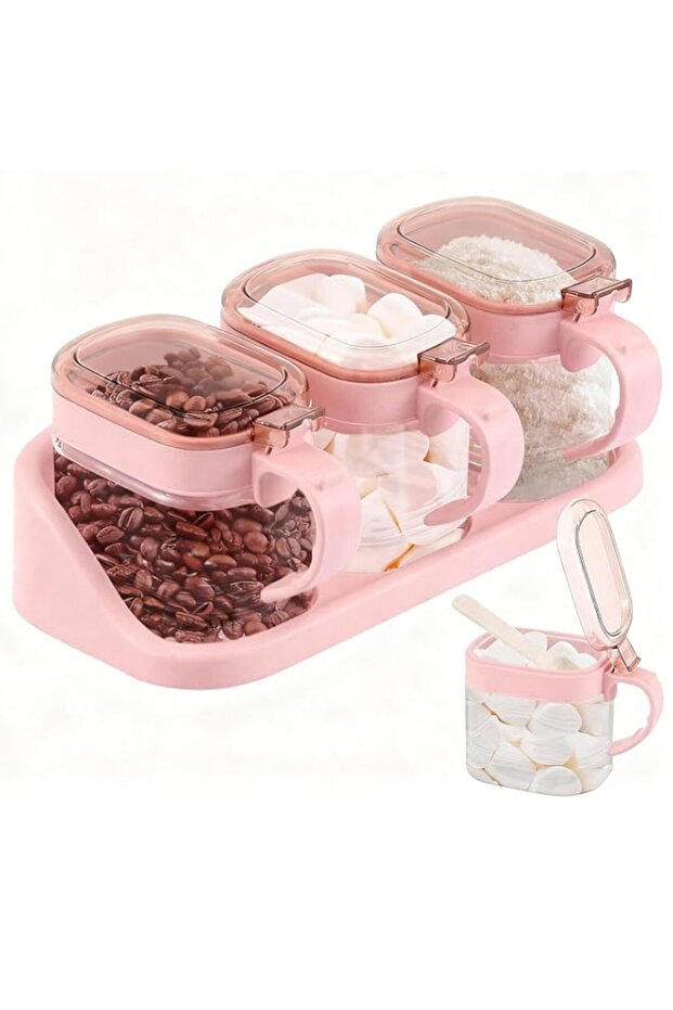 Angju 3 Pcs Sugar Coffee Container Set, Transparent Glass Condiment Jar, Spice Container, Coffee Station Organizer Set for Coffee Bean and Sugar Candy, Oats, Nuts