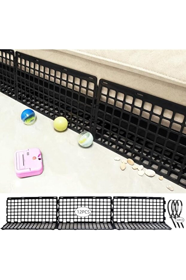 Echozone 12 Pack Adjustable Under Furniture Blocker Guards - Pet Proof Barrier for Sofa, Couch & Bed with 30 Cable Ties - Heavy Duty Plastic Stoppers (Black)