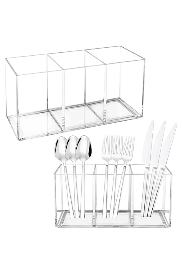 2 Pack Modern, Elegant Acrylic Cutlery Storage Organizer, Clear/Transparent Caddy for Kitchen Countertop Organization - Holds Fork, Knife, Spoon, Silverware Tableware Storage Box