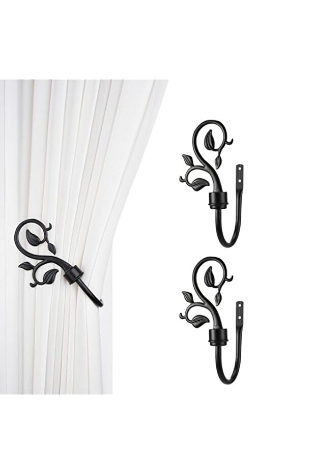2pcs Leaf Shaped Curtain Holdbacks, Metal Wall Mounted Curtain Tieback Hooks in Black, Antique Style Drapery Holders with Installation Hardware