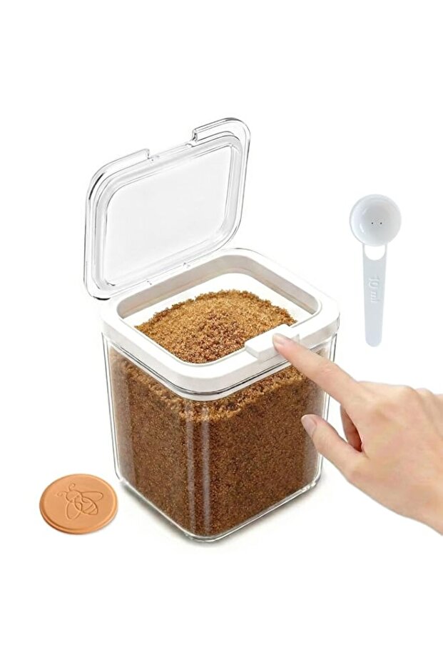 Brown Sugar Container 2Qt/1.9L Airtight Keeper with Spoon & Terracotta Saver, Stackable One-Touch Opening Canister for Powdered Sugar, Flour, Coffee, Shatterproof Kitchen Organization