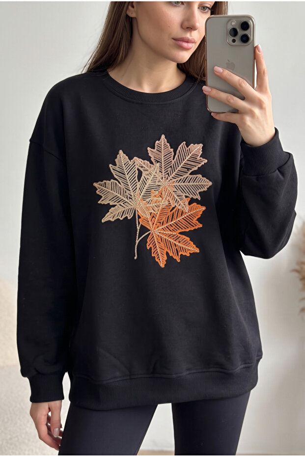 Black 100% Cotton Beaded Embroidered Sweatshirt with Leaf Pattern