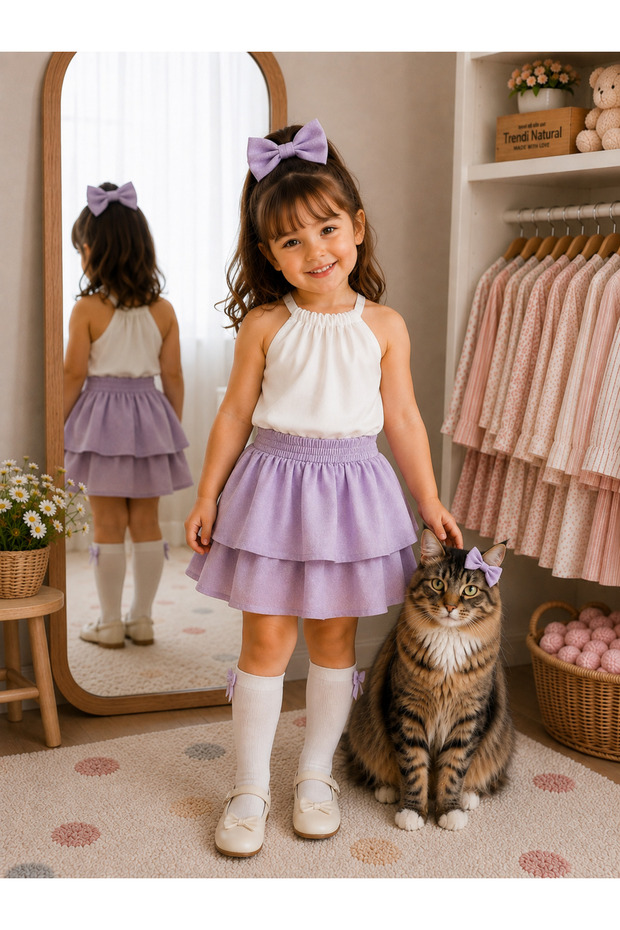 Girls' 4-Piece Ruffle Skirt Set – Blouse, Skirt, Bow Buckle, and Knee-Length Socks