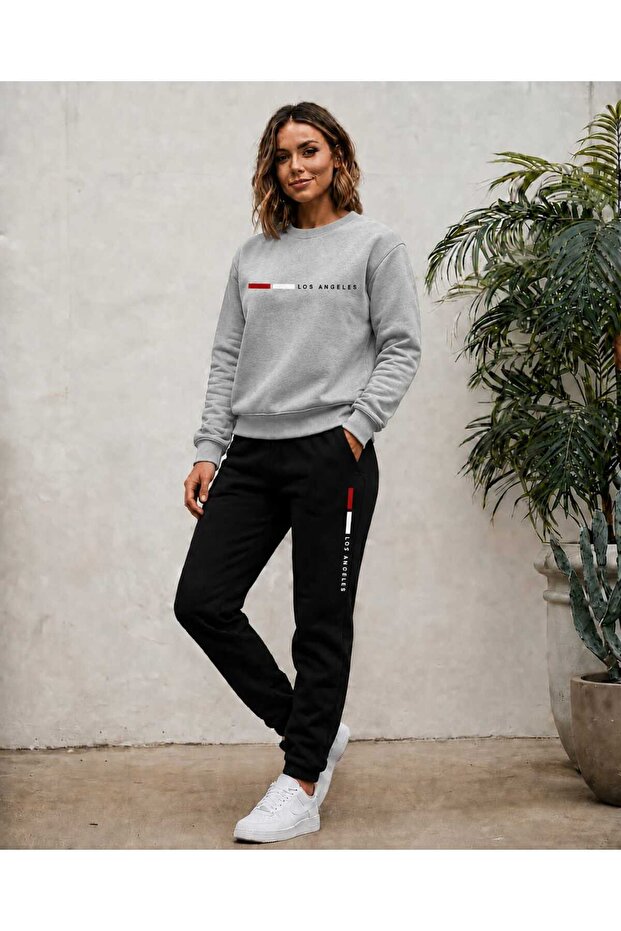Zero Collar Sweat Suit 2-Piece Combination Winter Thin Puffy Los Angeles Printed Women's / Men's Unisex Model