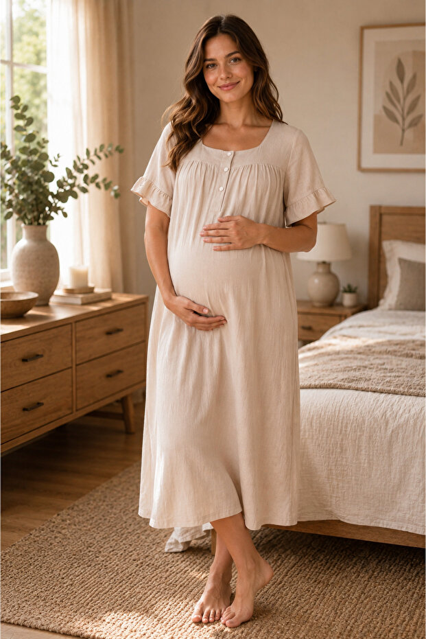 Muslin Fabric Maternity Short Sleeve Nightgown with Breastfeeding Features