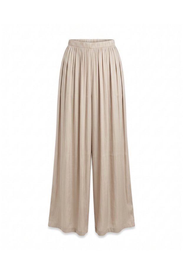 Beige Elastic Waist Wide Leg Trousers
