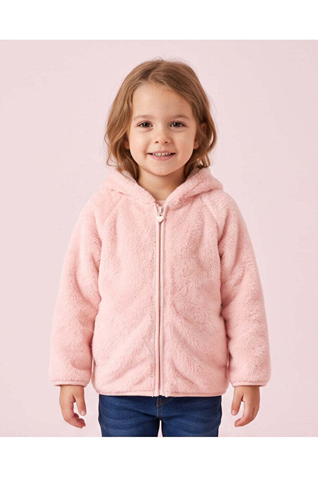 Girls Pink Solid Fur Hooded Sweatshirt