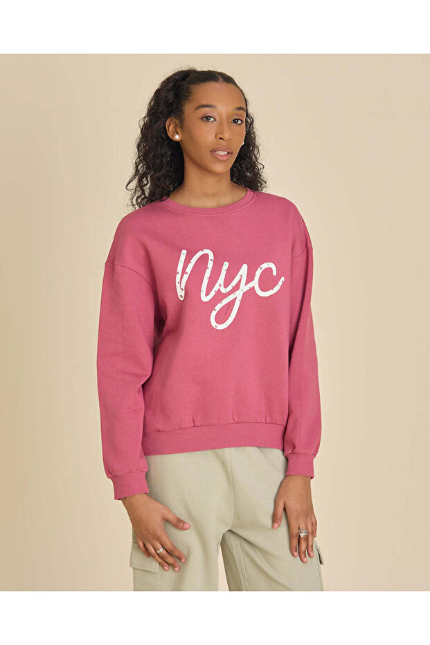 Senior Girls Pink Printed Crew Neck Sweatshirt