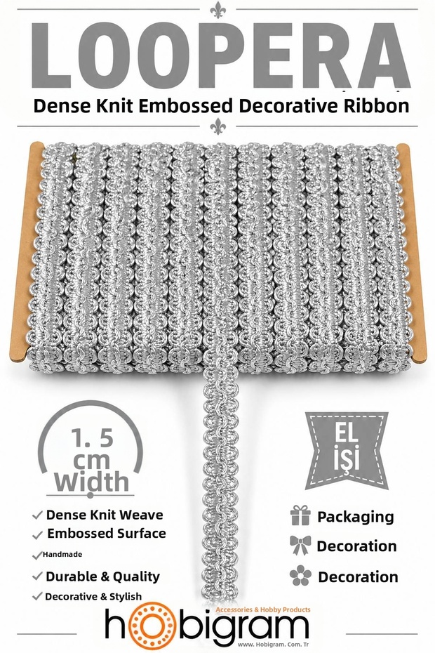 Light Gray Loopera Dense Knit Embossed Decorative Ribbon – Premium Handcrafted Ornament 5 Meters