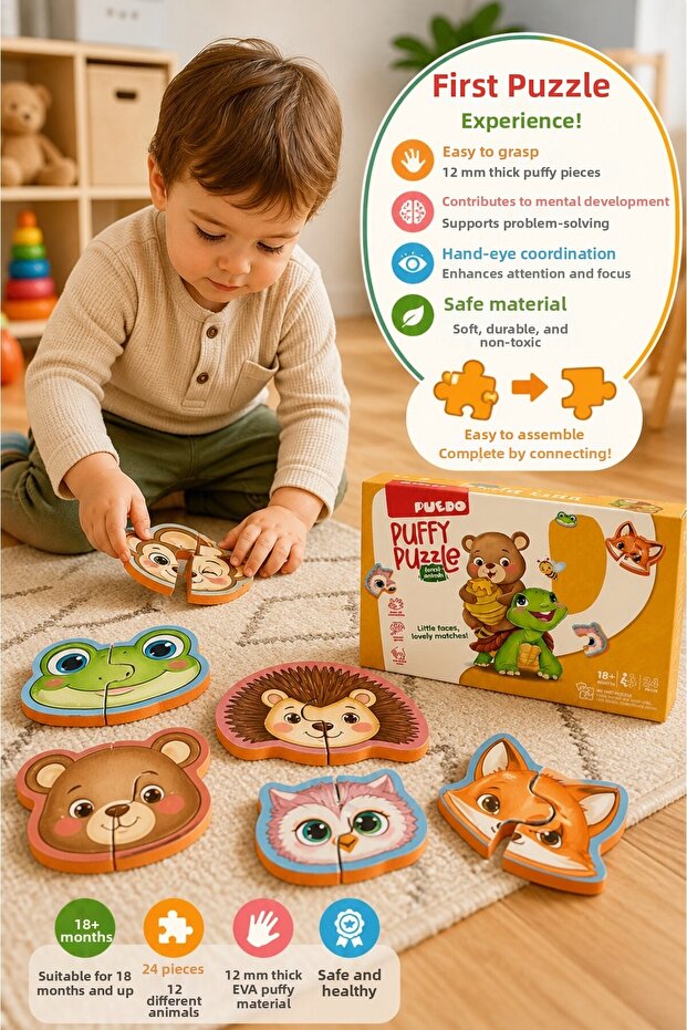 Puedo Puffy Puzzle Forest Animals 24 Pieces 18+ Months 12mm Thick Educational Children's Puzzle