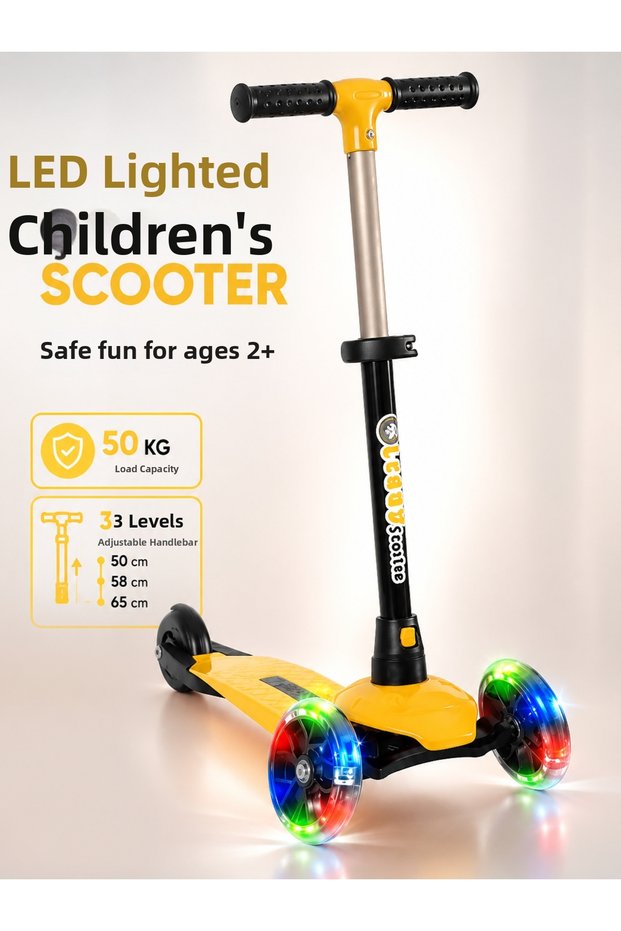 Led Lighted 3-Wheel Children's Scooter – Balanced Scooter with 3-Level Adjustable Handlebars, 50 Kg, Ages 2+