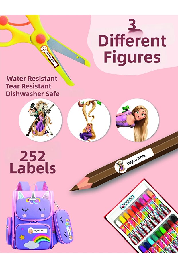 School Label Pen Notebook Label Rapunze Custom Name Writeable Label - 252Pcs