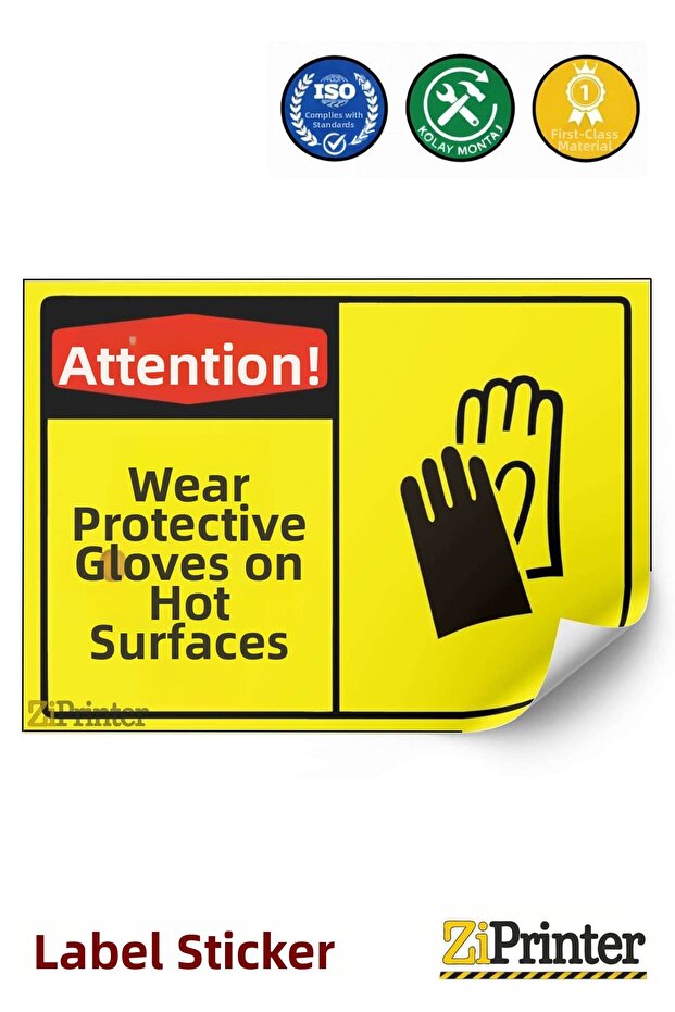 Attention! Hot Surface Protective Glove Wear Isg Warning Sign Sticker 15X21 cm