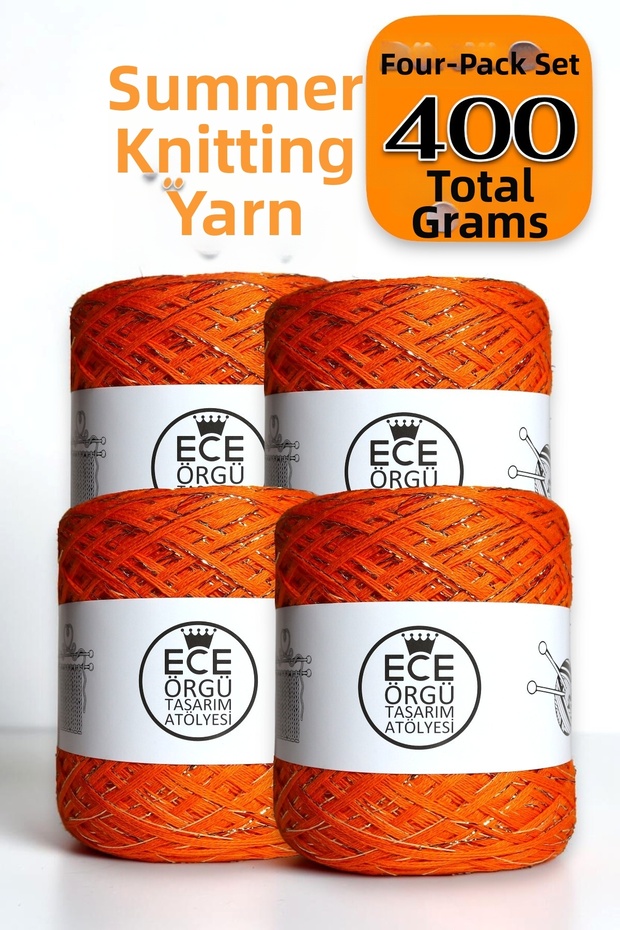 Multi-Strand Orange Mercerized and Gold Glitter Mix, Italian Mercerized Cotton Knitting Yarn (Total: 400 Gr.)
