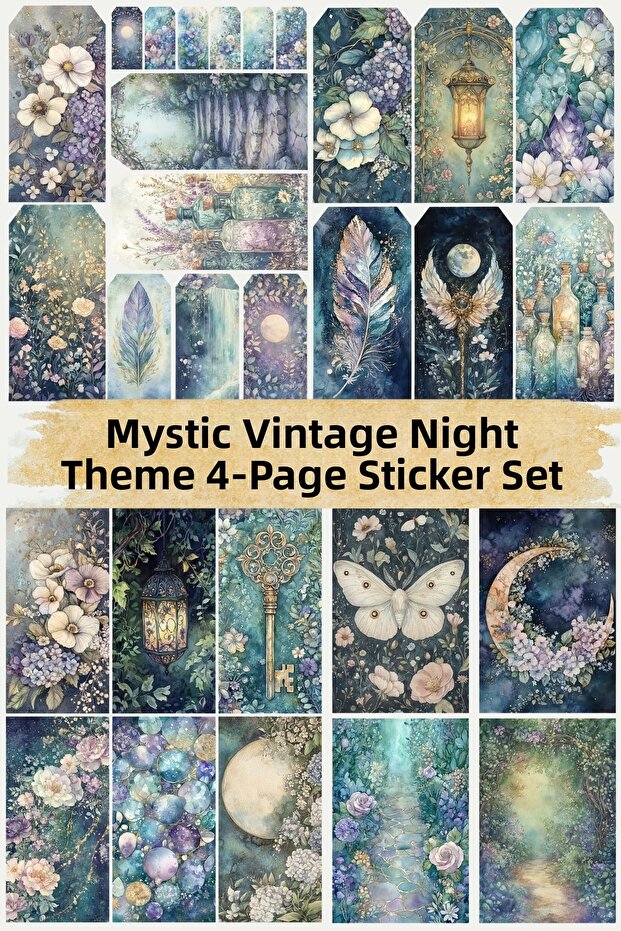 Mystical Vintage Night Theme 4-Page Sticker Set - Journal, Scrapbook, Bujo, Decals, Planner, Agenda Stickers