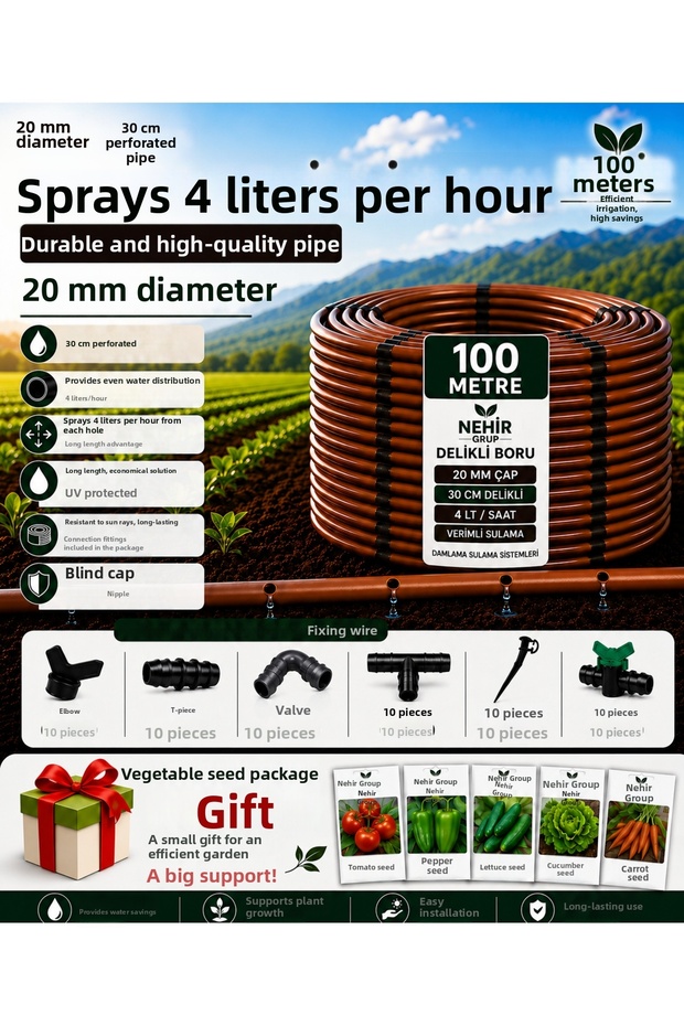 100m Perforated 30cm Irrigation Set in 20mm Diameter