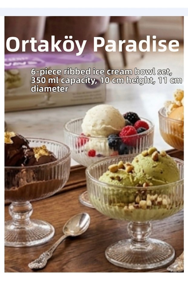 Ice Cream Bowl, 6 Pieces, Glass Striped Model with Stand, 350 Cc Volume, 10 cm Length, 11 cm Mouth, Stylish Presentation Item.