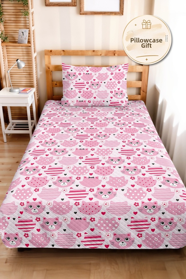 Pink Kitten Patterned Girl's Pique Set - Cute Flower Heart Baby Room Bedspread - 160X220 cm