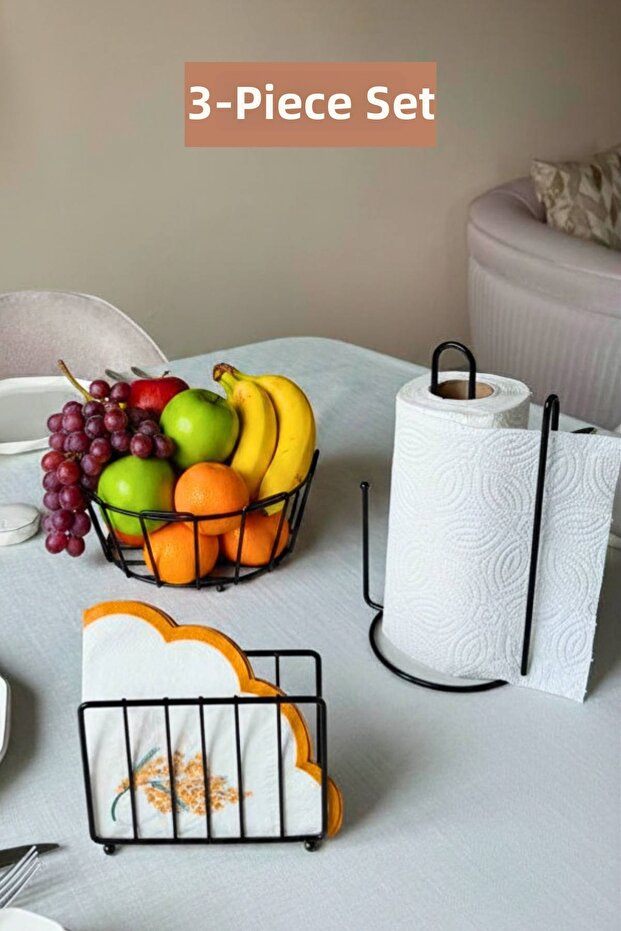 Set of 3 Black Cage Napkin Holders, Vertical Paper Towel Holders, Oval Corner Fruit Basket, Kitchen Set