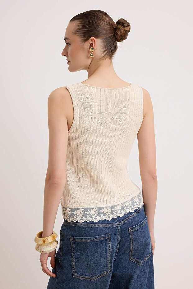 Ekru Dantelli Yazlık İplik Triko Bluz TWOSS26BZ00892 - 7