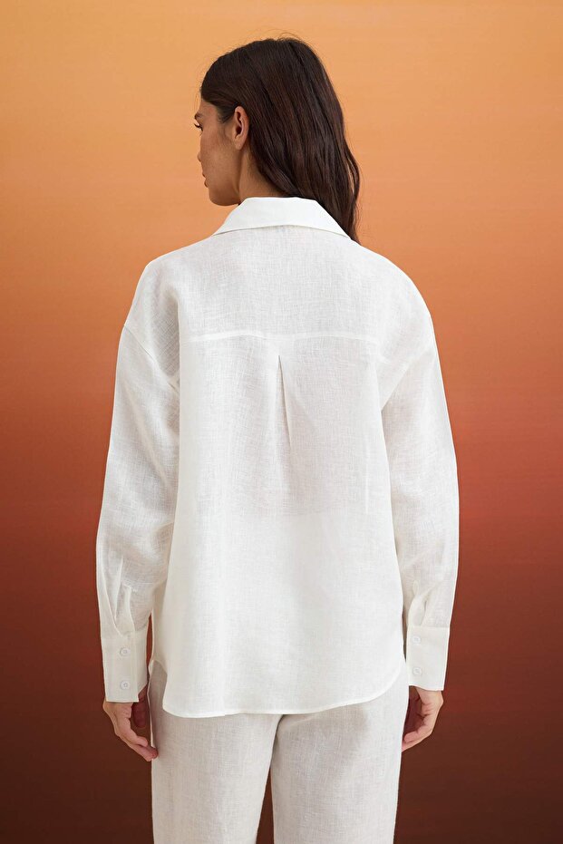 Beyaz % 100 Keten Cep Detaylı Oversize Gömlek TWOSS26GO00039 - 4