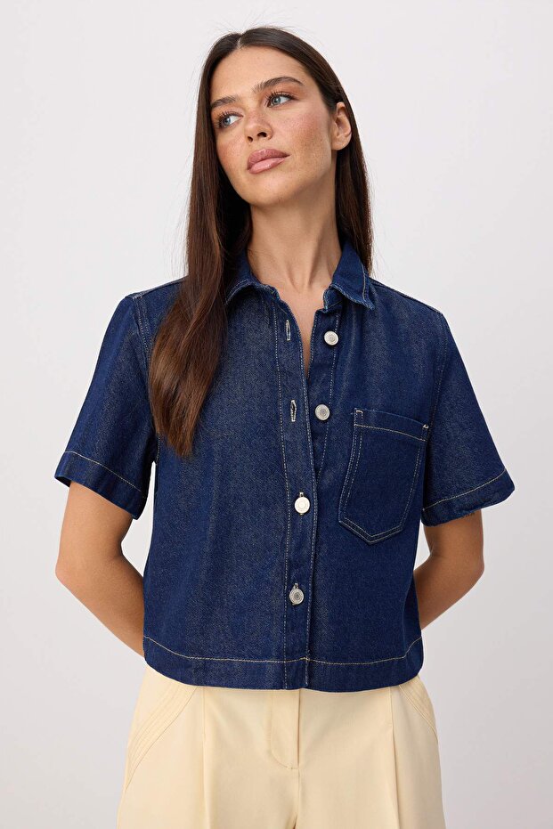 Lacivert Tencel Karışımlı Kısa Kol Düğme Detaylı Denim Gömlek TWOSS26GO00193 - 1