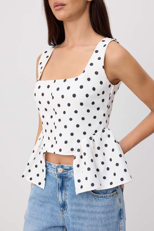 Beyaz Puantiyeli Peplum Detaylı Dokuma Alt&Üst Bluz TWOSS26BZ00886 - 3