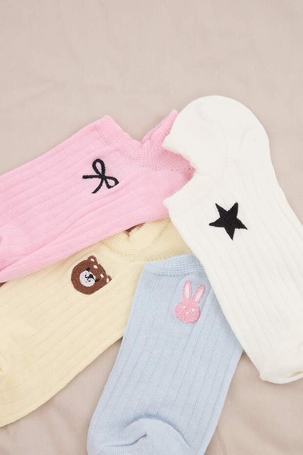 Pembe-Mavi-Sarı 4'lü Pamuklu Baskılı Nakışlı Jakar Örme Çorap THMAW25CO00004 - 2