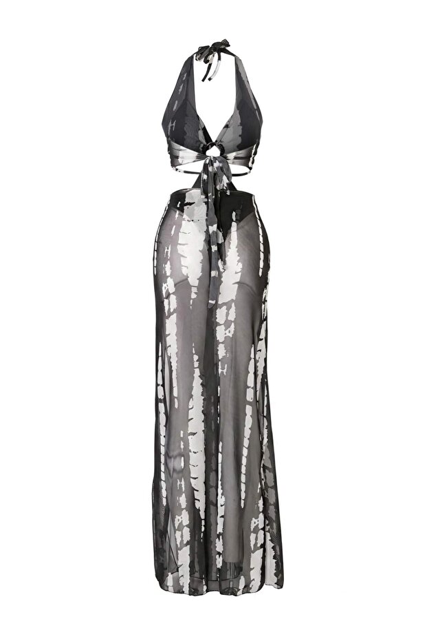 Soyut Desenli Dokuma Maxi Aksesuar Detaylı Boyundan Bağlamalı Mesh Plaj Elbisesi TBESS26LE00008 - 7