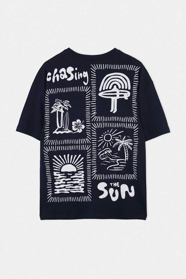 Lacivert Unisex Oversize/Geniş Kesim Baskılı %100 Pamuk T-Shirt TMNSS25TS00031 - 5