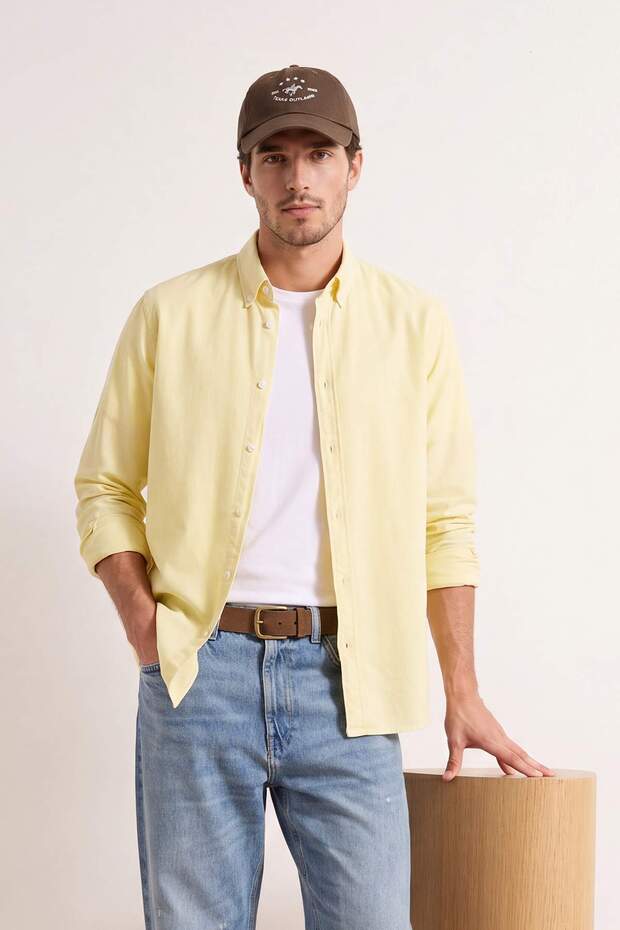 Sarı Unisex Regular Fit %100 Pamuklu Keten Görünümlü Gömlek TMNSS23GO00099 - 3