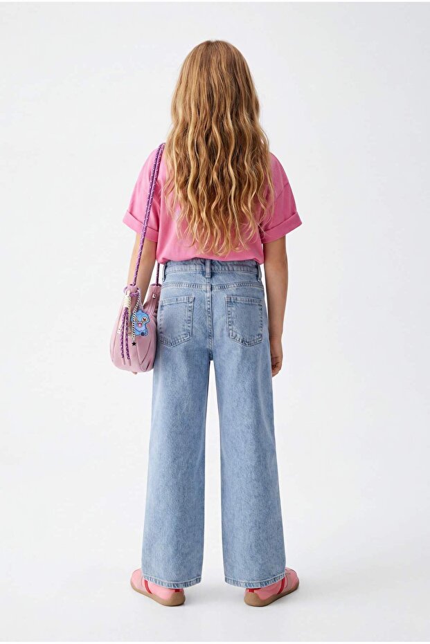 Buz Mavisi Kız Çocuk Çiçek Nakışlı Wide Leg Jeans TKDAW25PL00001 - 2