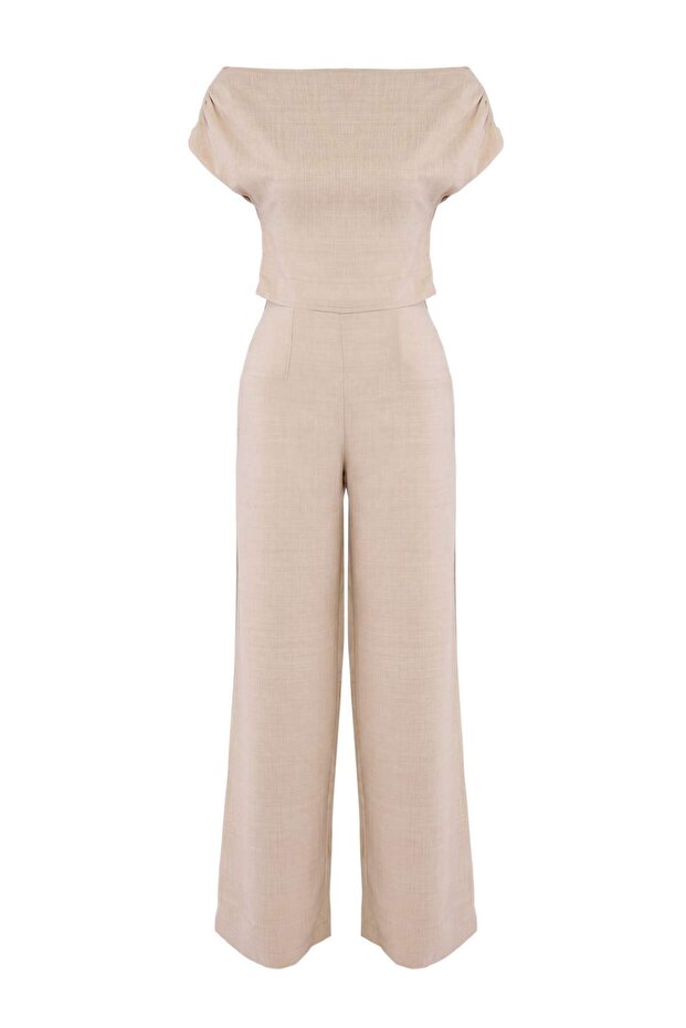 Bej Kayık Yaka Fitted Bluz Geniş Paça Pantolon Dokuma Alt - Üst Takım TWOSS26AU00293 - 3
