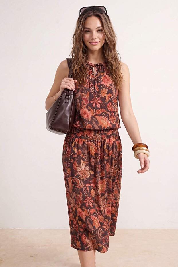 Çok Renkli Etnik Boho/Boho Chic Belden Açılan Halter Yaka Kolsuz Dokulu Örme Elbise TWOSS26EL00461