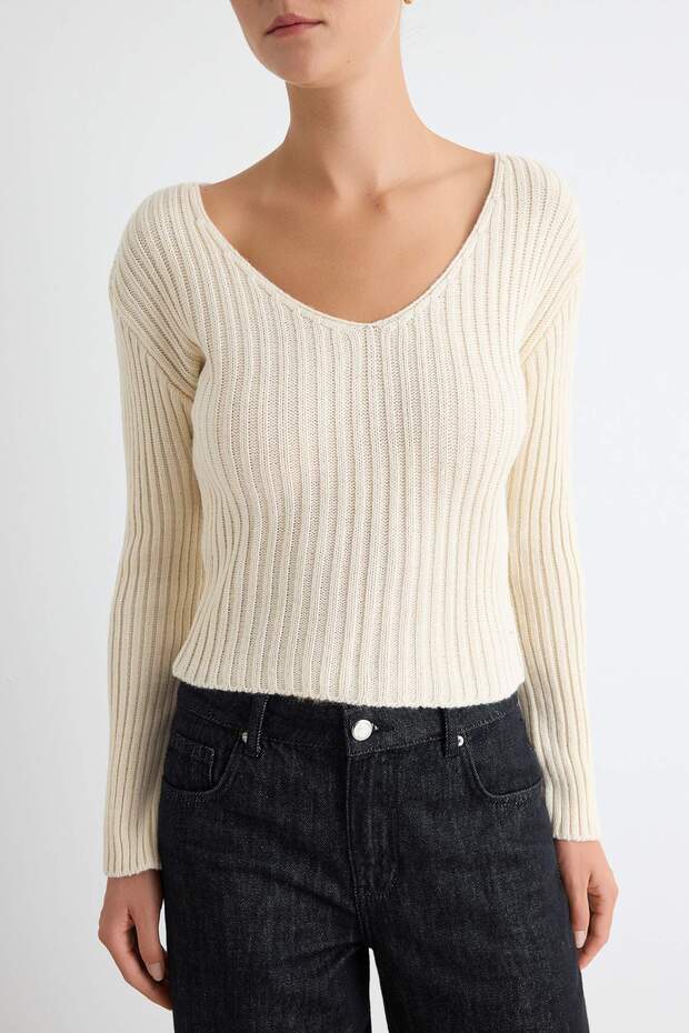 Ekru Crop Basic V Yaka Triko Kazak TWOAW24KZ01214 - 3