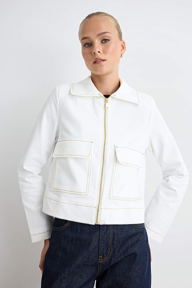 White Stitching Detailed Zippered Cotton Oversize Gabardine Jacket Twoaw27Ce00011