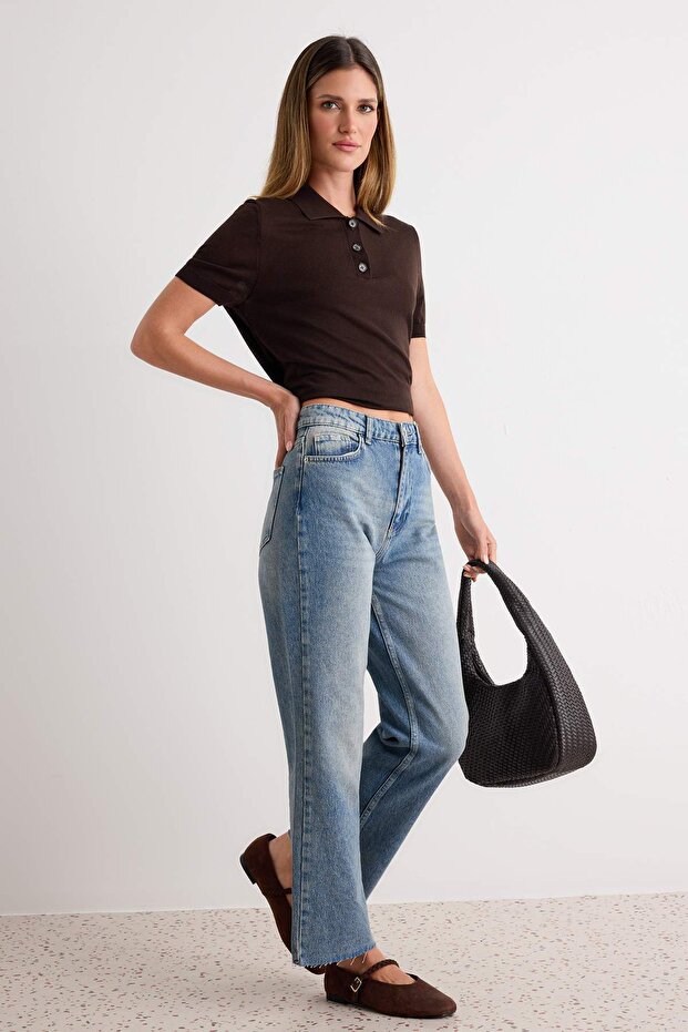 Mavi Paçası Kesikli Yüksek Bel Straight %100 Pamuk Non-Stretch Jeans TWOAW25JE00307 - 2