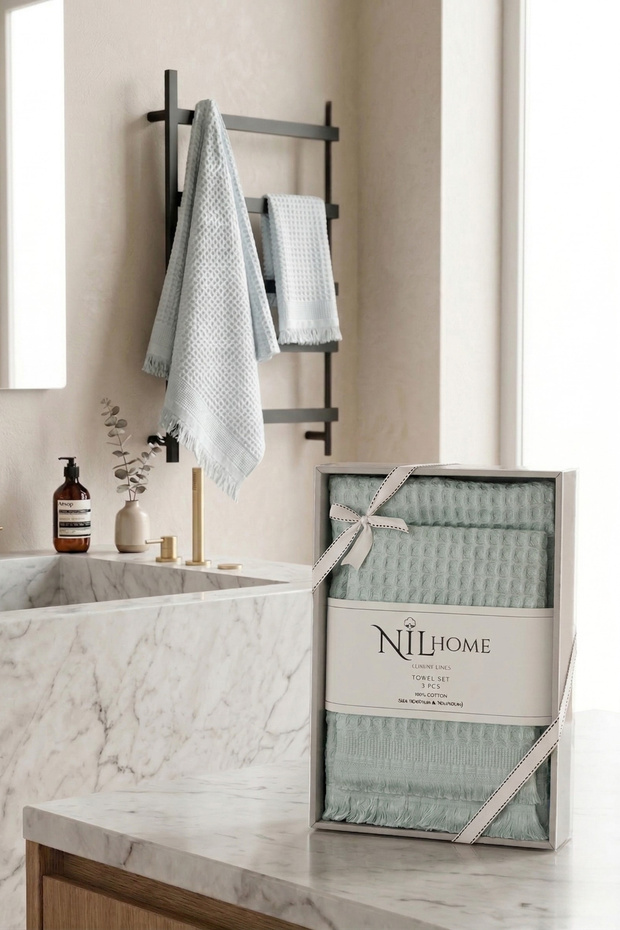 Natural 2-Piece 100% Cotton Waffle Patterned Towel Set - Fringed Bath and Hand Towels - 50X90 + 70X140 cm