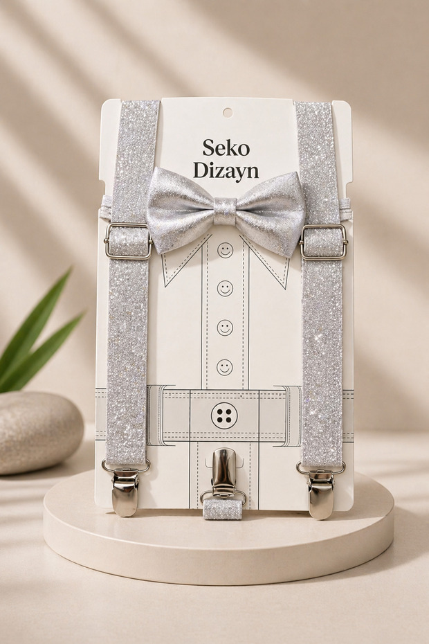 Boys' Silver Suspender Bow Tie Set 1-14 Years Adjustable Bow Tie and Suspender