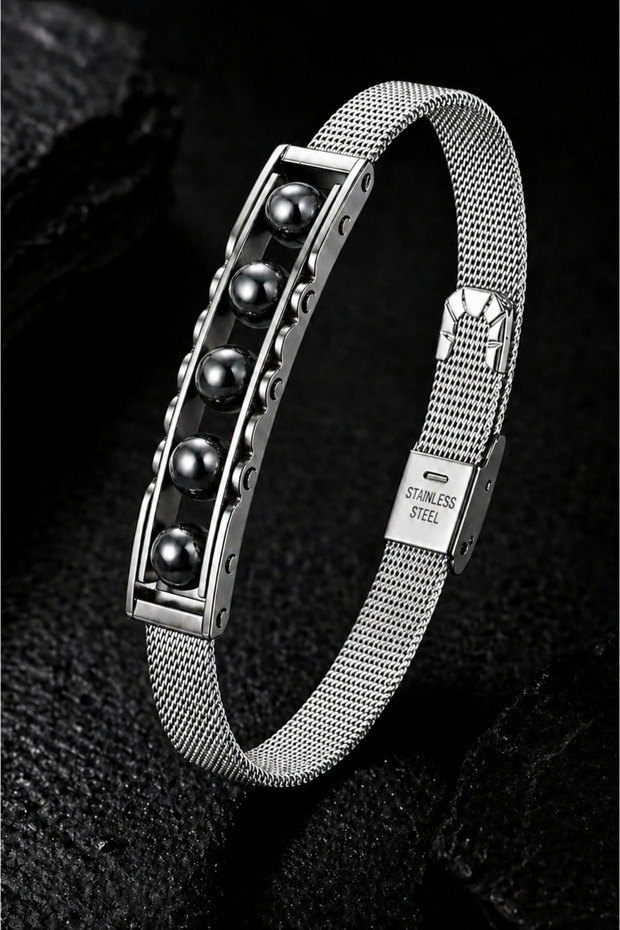 Stainless Steel Men's Bracelet with Hematite Stone Modern Design Woven Chain Stylish and Durable Bracelet